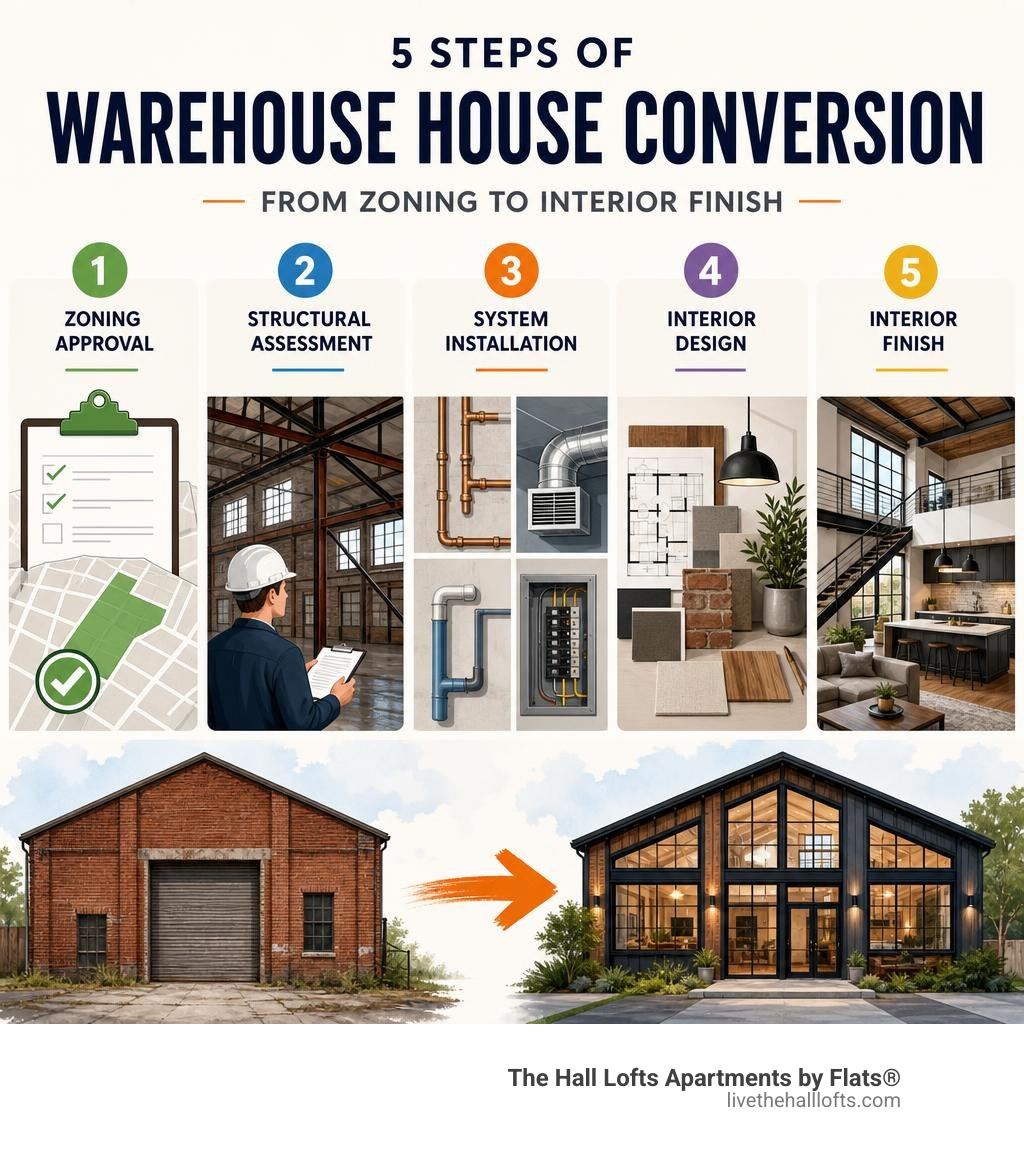Infographic showing 5 steps of warehouse house conversion from zoning to interior finish infographic Infographic showing 5 steps of warehouse house conversion from zoning to interior finish infographic