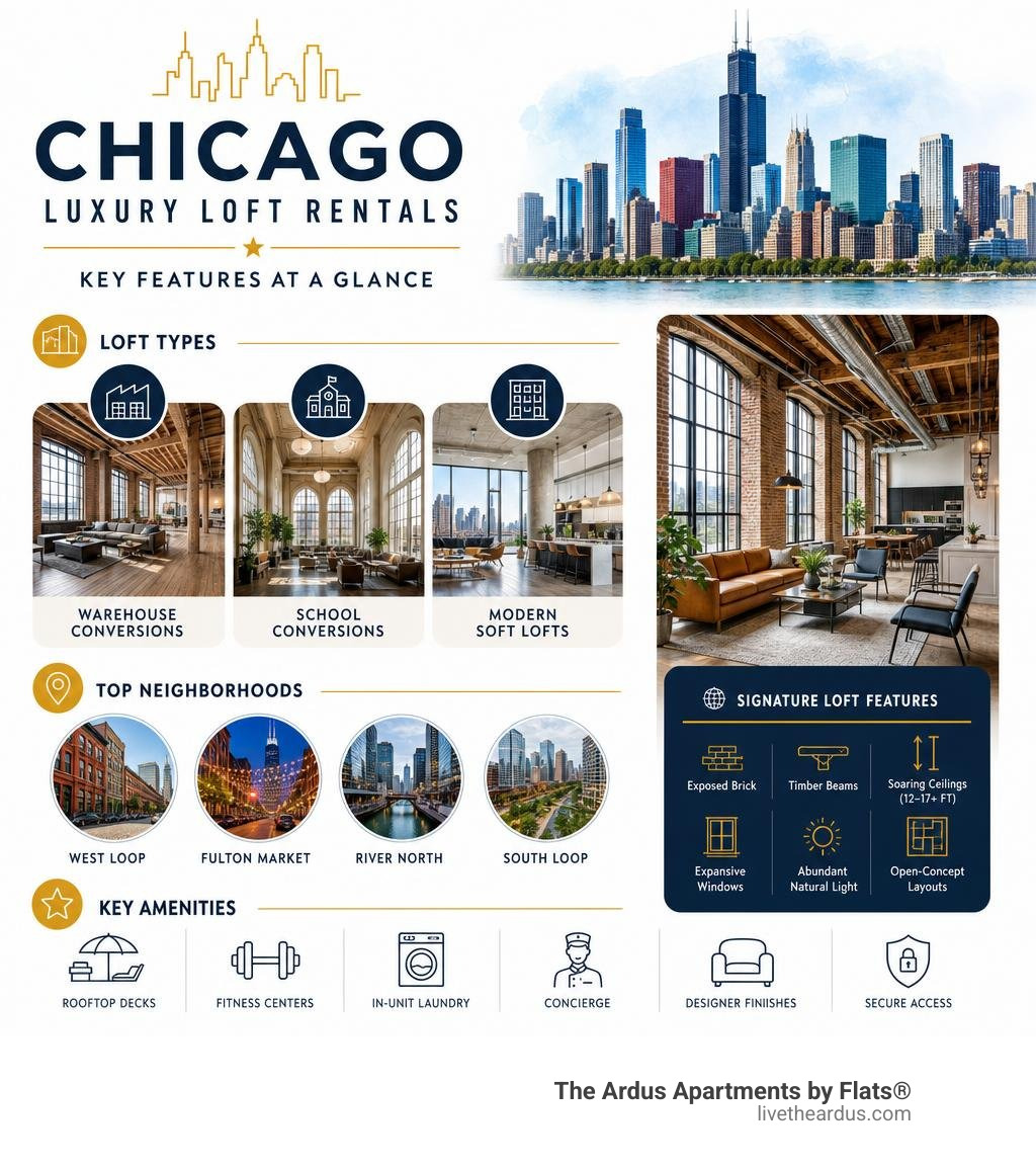 Key features of Chicago luxury loft rentals including loft types, neighborhoods, and amenities infographic Key features of Chicago luxury loft rentals including loft types, neighborhoods, and amenities infographic