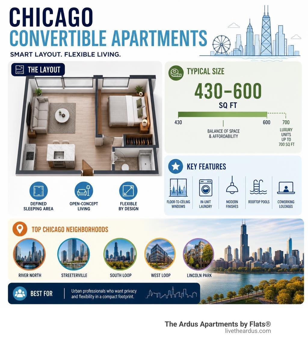 Infographic showing convertible apartment layout features size ranges and top Chicago neighborhoods infographic Infographic showing convertible apartment layout features size ranges and top Chicago neighborhoods infographic