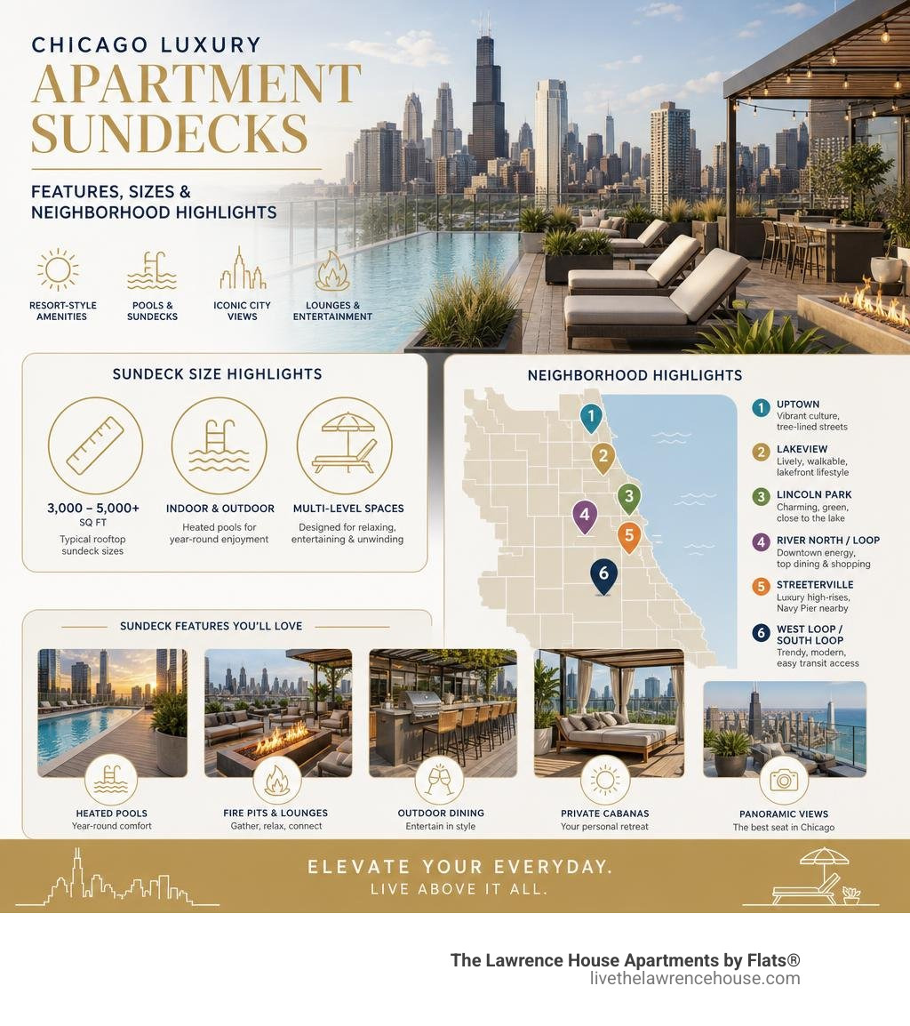 Infographic showing Chicago luxury apartment sundeck features, sizes, and neighborhood highlights infographic Infographic showing Chicago luxury apartment sundeck features, sizes, and neighborhood highlights infographic