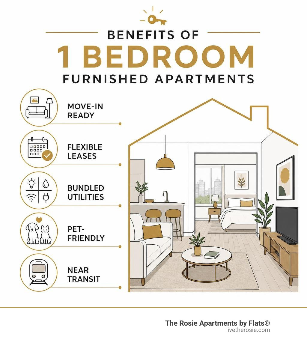 Benefits of 1 bedroom furnished apartments infographic: move-in ready, flexible leases, bundled utilities, pet-friendly Benefits of 1 bedroom furnished apartments infographic: move-in ready, flexible leases, bundled utilities, pet-friendly