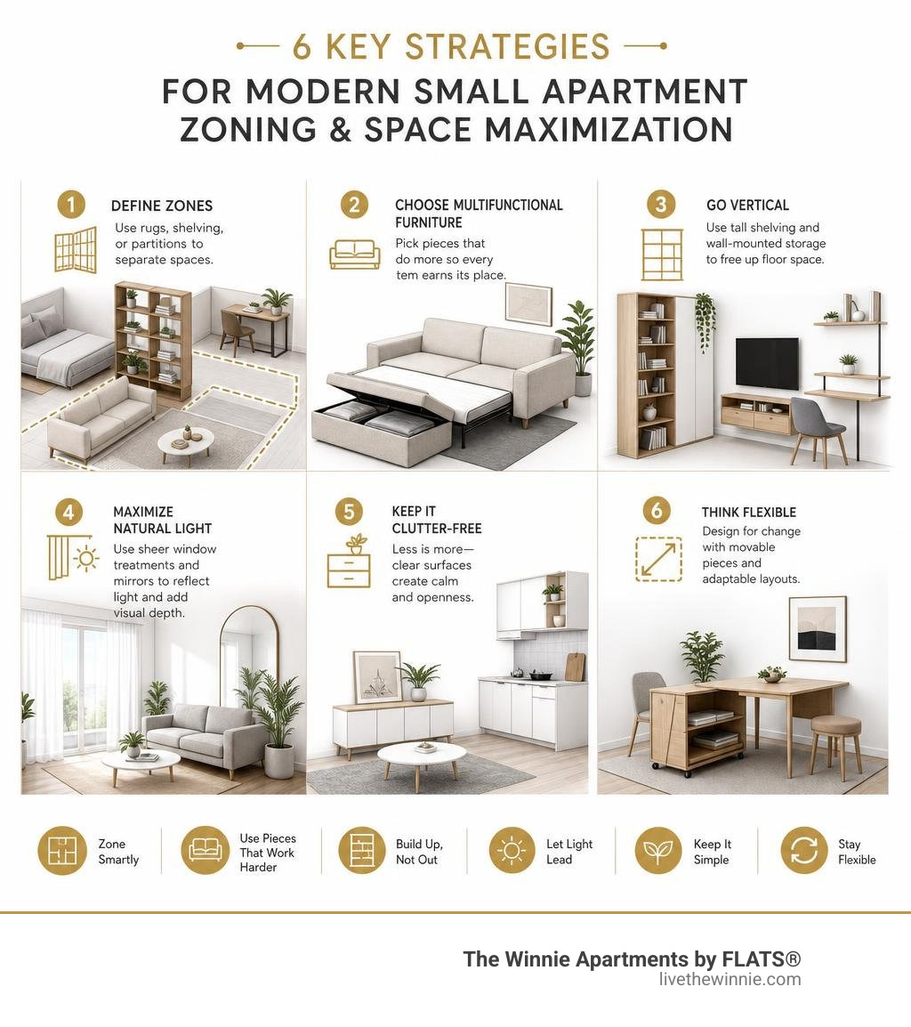 Infographic showing 6 key strategies for modern small apartment zoning and space maximization infographic