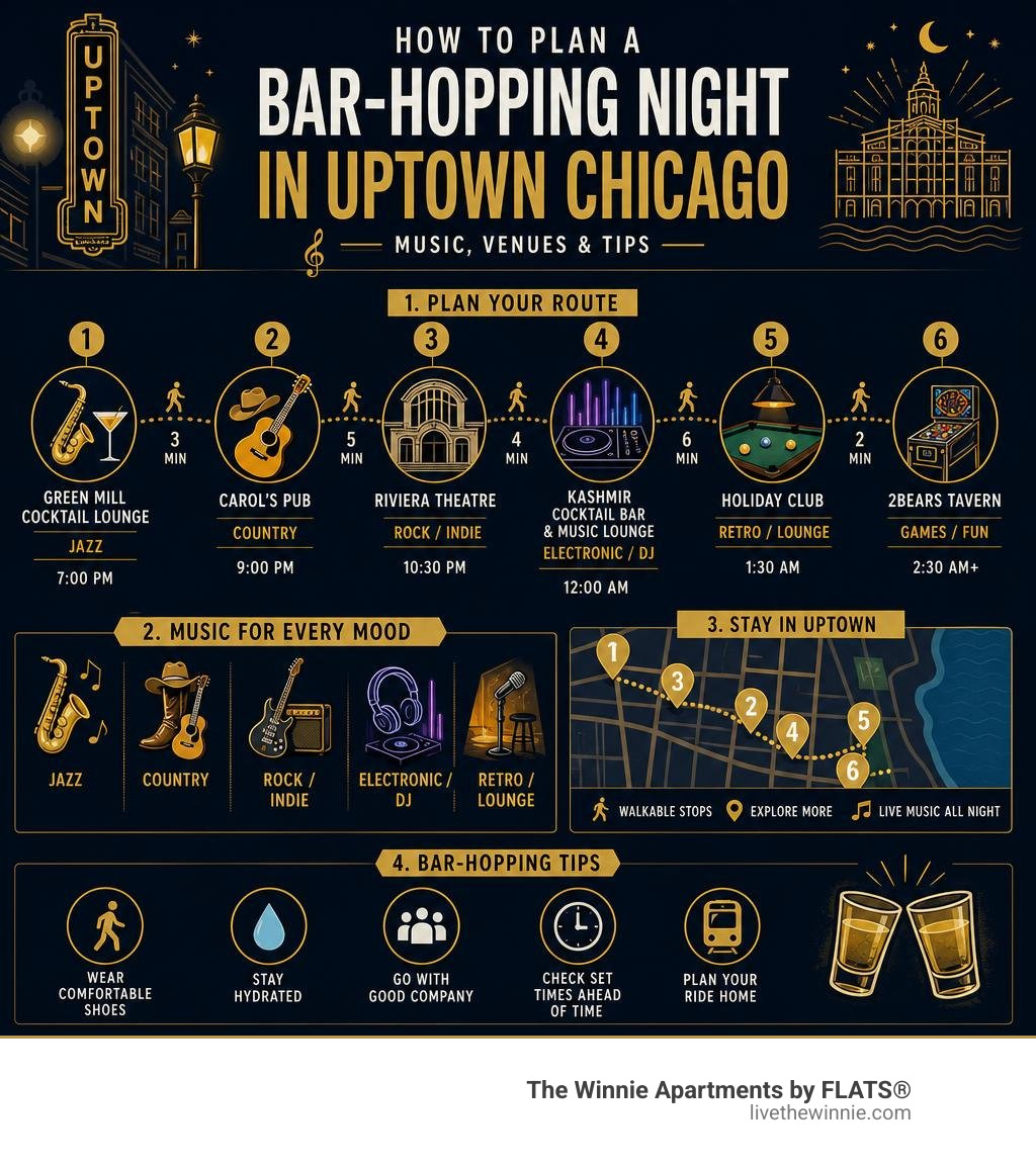 How to plan a bar-hopping night in Uptown Chicago with music venues, genres, and tips infographic