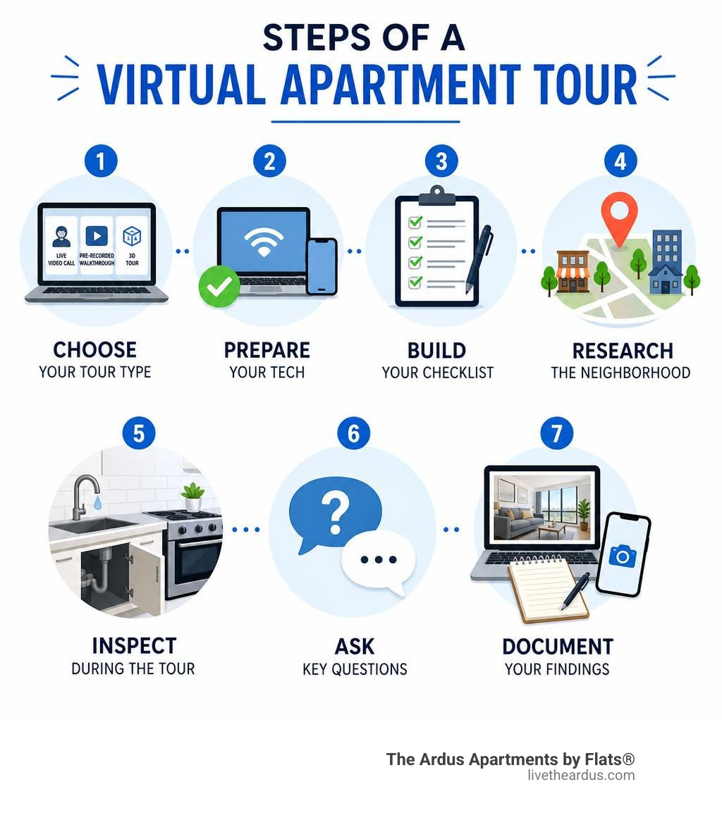 Steps of a virtual apartment tour: choose type, prep tech, build checklist, research neighborhood, inspect unit, ask Steps of a virtual apartment tour: choose type, prep tech, build checklist, research neighborhood, inspect unit, ask