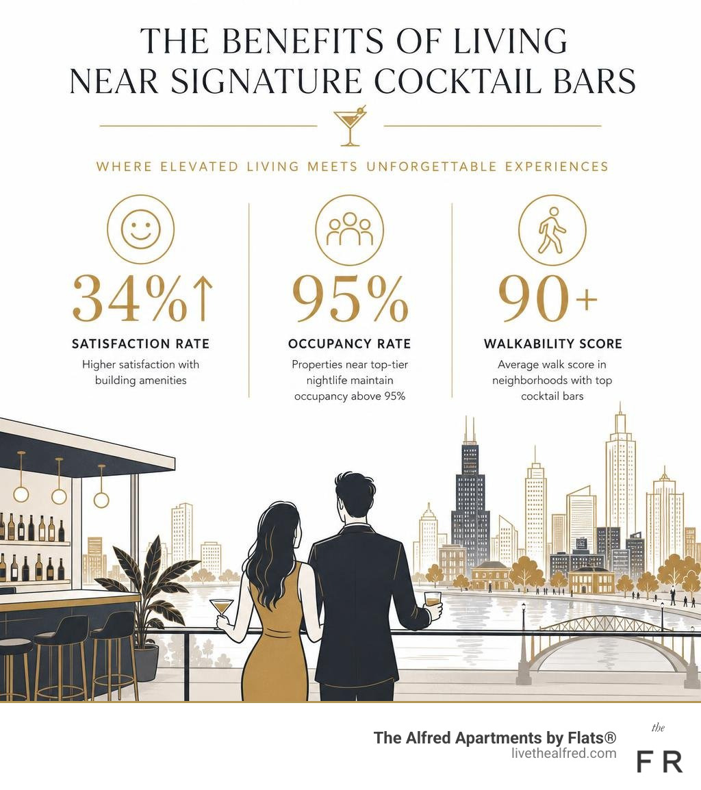 infographic showing benefits of living near signature cocktail bars including satisfaction rates occupancy and walkability
