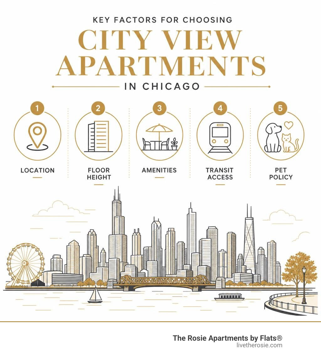 Infographic showing key factors for choosing city view apartments in Chicago: location, floor height, amenities, transit Infographic showing key factors for choosing city view apartments in Chicago: location, floor height, amenities, transit