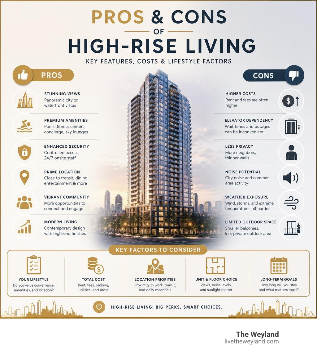 Pros and cons of high-rise living infographic with key features, costs, and lifestyle factors infographic Pros and cons of high-rise living infographic with key features, costs, and lifestyle factors infographic