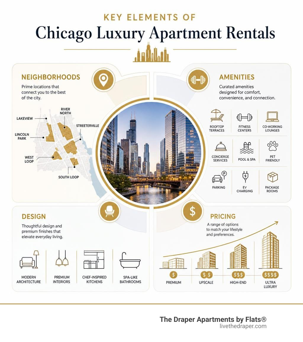 Key elements of Chicago luxury apartment rentals: neighborhoods, amenities, design, and pricing infographic Key elements of Chicago luxury apartment rentals: neighborhoods, amenities, design, and pricing infographic