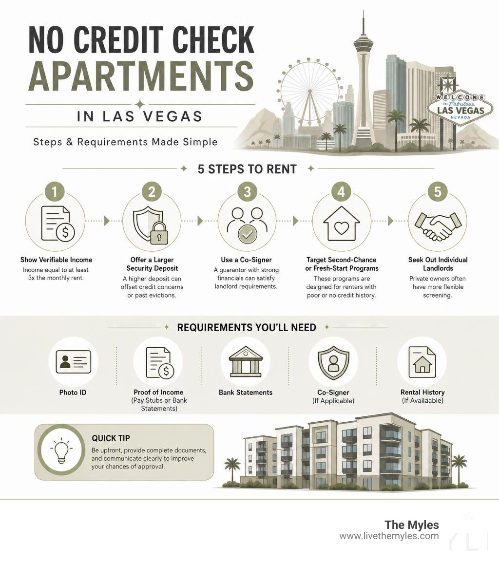 Infographic showing steps and requirements for no credit check apartment rentals in Las Vegas infographic Infographic showing steps and requirements for no credit check apartment rentals in Las Vegas infographic