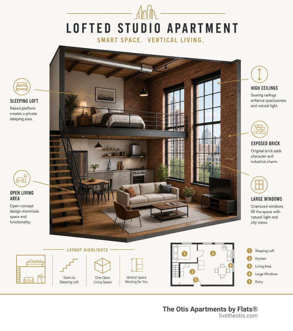 Infographic showing layout of a lofted studio apartment with labeled features: sleeping loft, open living area, high Infographic showing layout of a lofted studio apartment with labeled features: sleeping loft, open living area, high