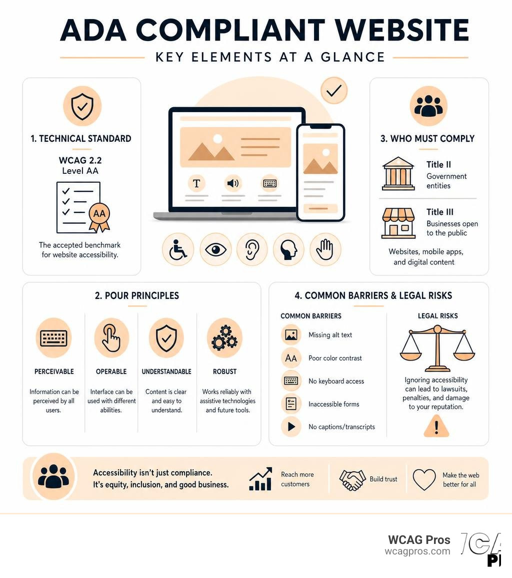 Infographic showing ADA compliant website key elements: WCAG 2.2 Level AA, POUR principles, who must comply, common Infographic showing ADA compliant website key elements: WCAG 2.2 Level AA, POUR principles, who must comply, common