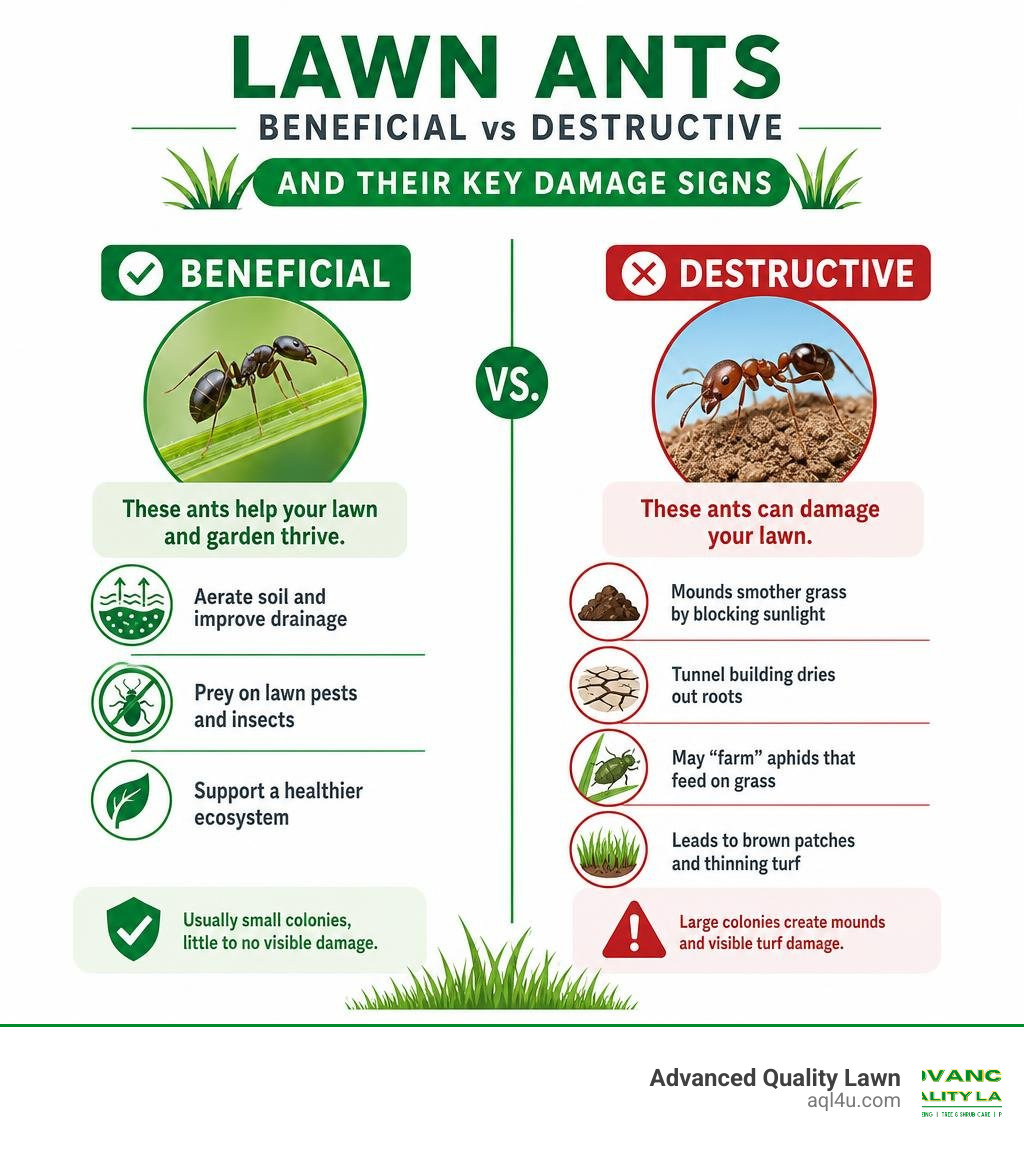 Infographic showing beneficial vs destructive lawn ants and their key damage signs infographic