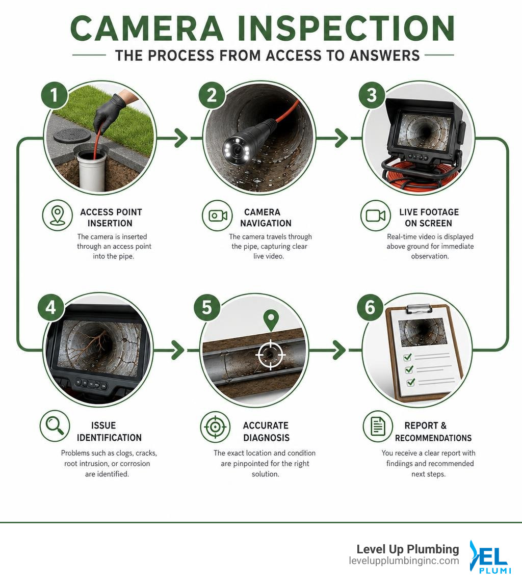 Infographic showing the camera inspection process from access point insertion to live footage diagnosis and reporting Infographic showing the camera inspection process from access point insertion to live footage diagnosis and reporting