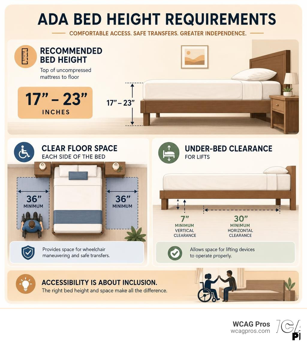 ADA bed height requirements infographic showing 17 to 23 inch range, 36 inch clearance, and lift clearance specs infographic ADA bed height requirements infographic showing 17 to 23 inch range, 36 inch clearance, and lift clearance specs infographic