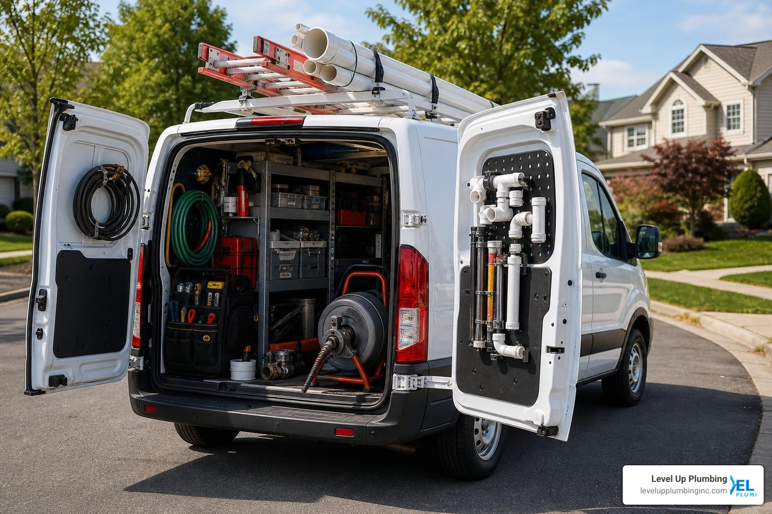 A fully stocked plumbing service van parked on a residential street