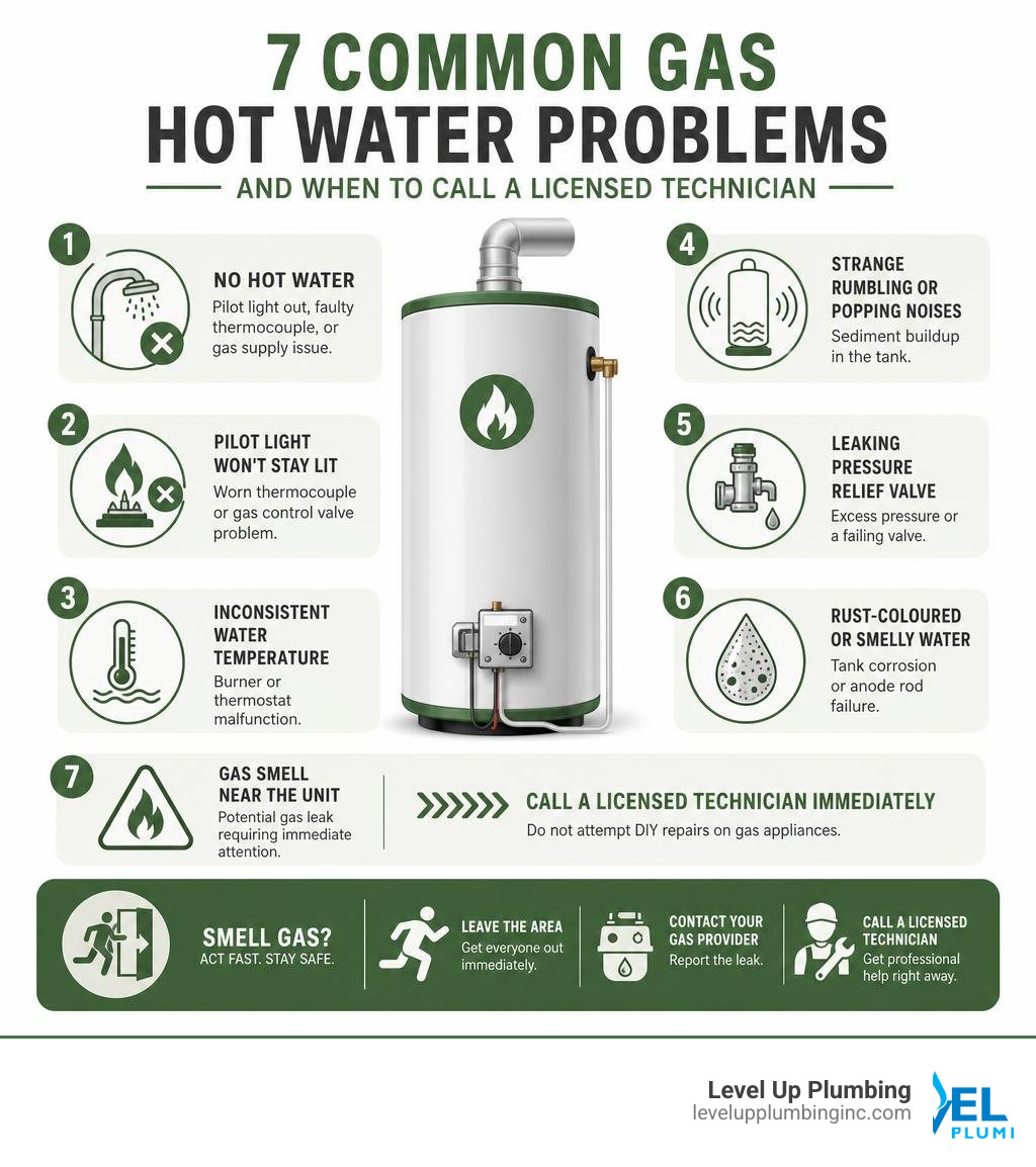 Infographic showing 7 common gas hot water problems and when to call a licensed technician infographic