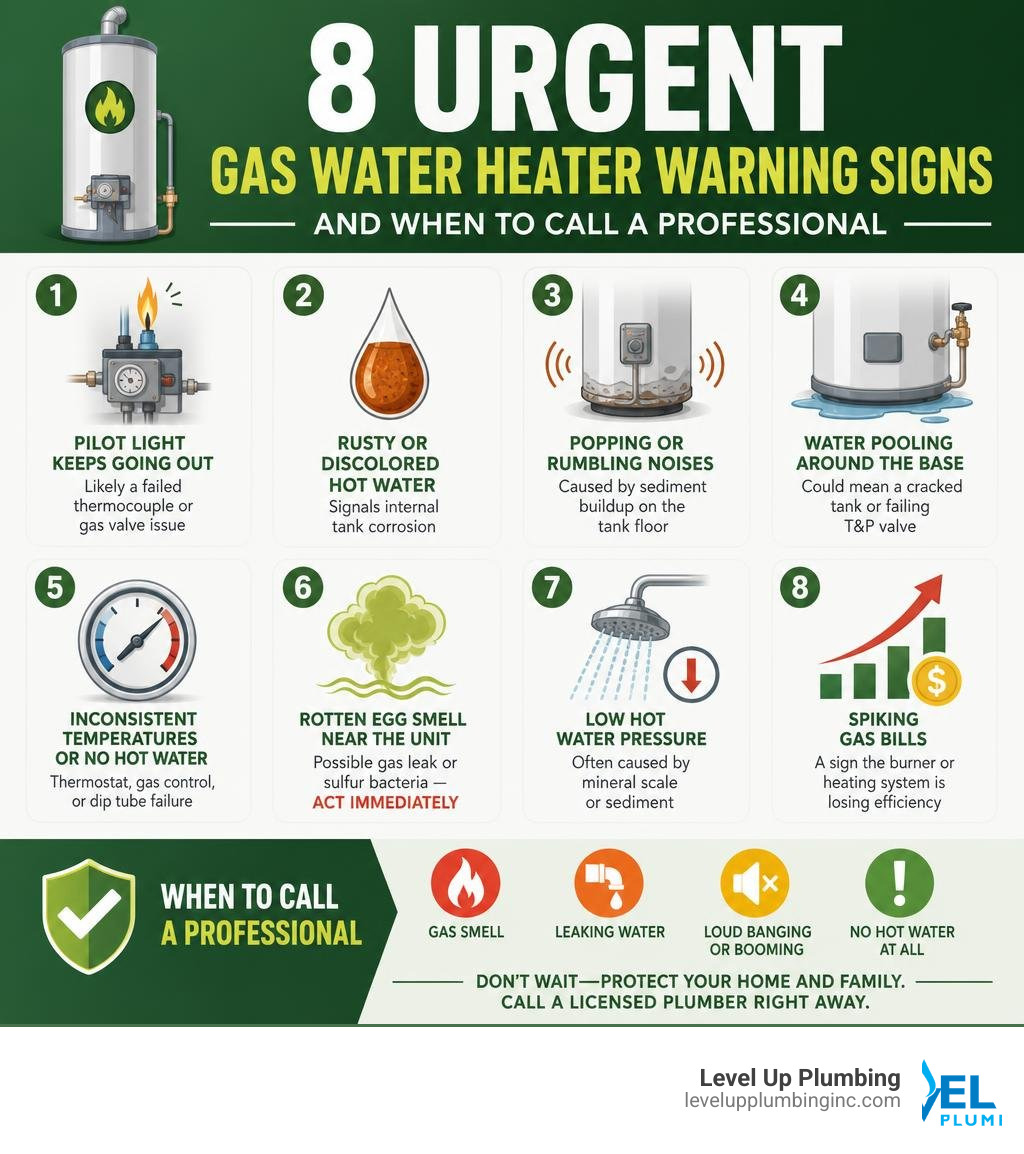 Infographic showing 8 urgent gas water heater warning signs and when to call a professional infographic