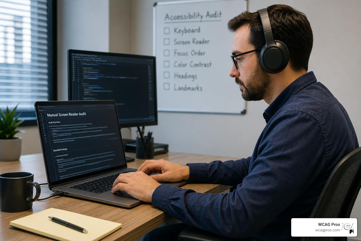 An accessibility engineer performing a manual screen reader audit An accessibility engineer performing a manual screen reader audit