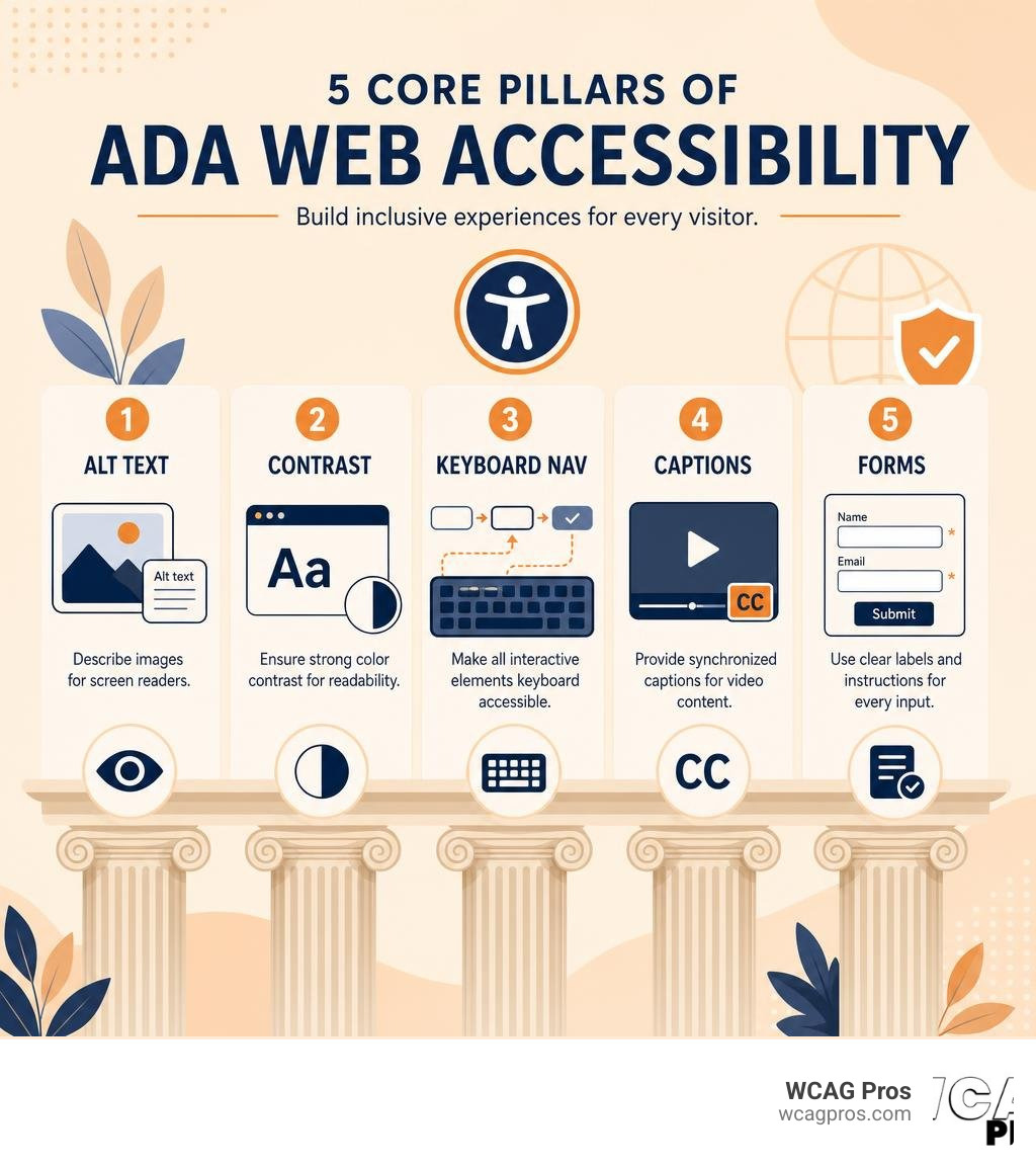 Core pillars of ADA web accessibility including alt text, contrast, keyboard nav, captions, and forms infographic Core pillars of ADA web accessibility including alt text, contrast, keyboard nav, captions, and forms infographic