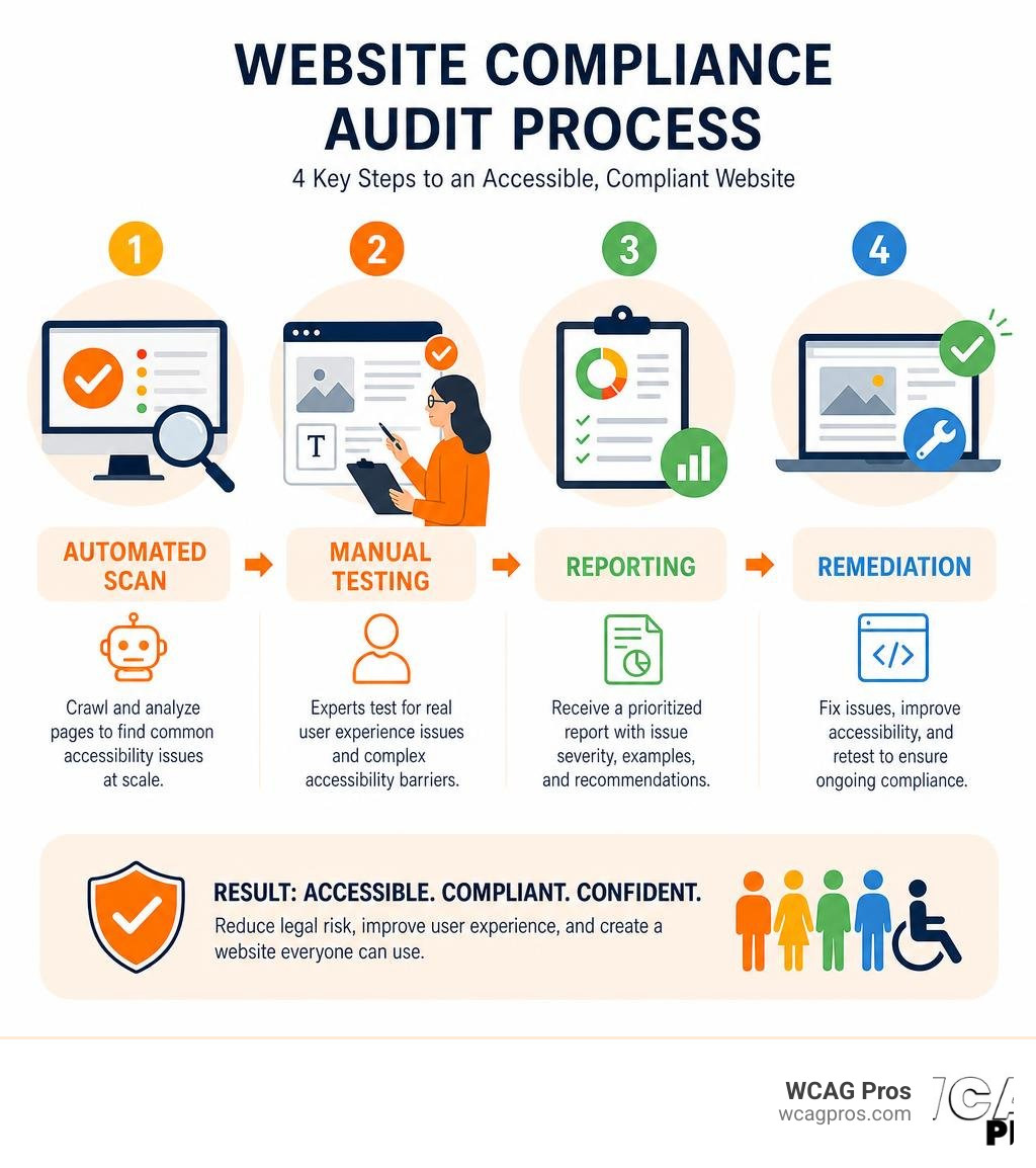 website compliance audit process steps infographic showing automated scan manual testing reporting and remediation website compliance audit process steps infographic showing automated scan manual testing reporting and remediation