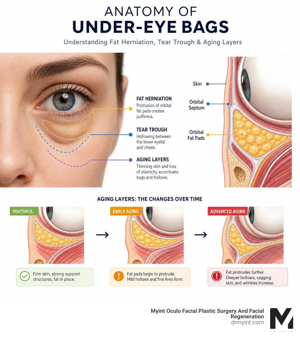 Anatomy of under-eye bags showing fat herniation, tear trough, and aging layers infographic Anatomy of under-eye bags showing fat herniation, tear trough, and aging layers infographic