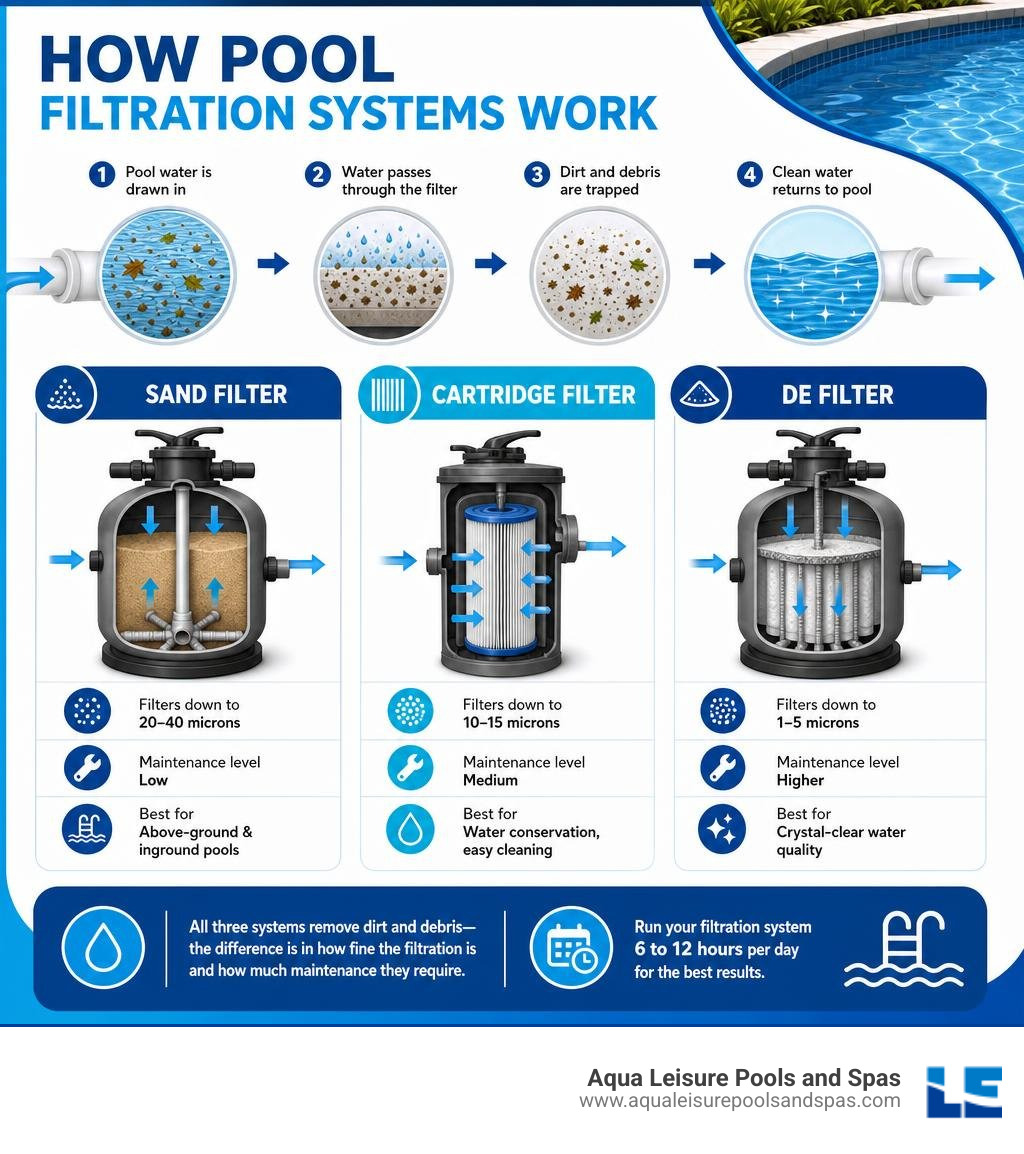 How pool filtration systems work - sand, cartridge, and DE filter comparison infographic infographic