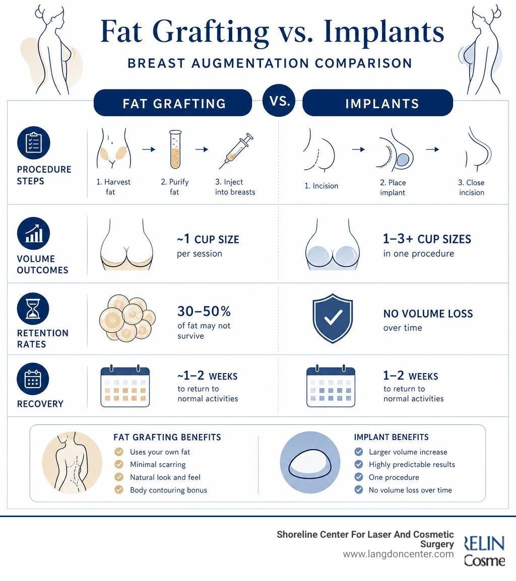 Infographic comparing fat grafting breast augmentation vs implants: procedure steps, volume outcomes, retention rates