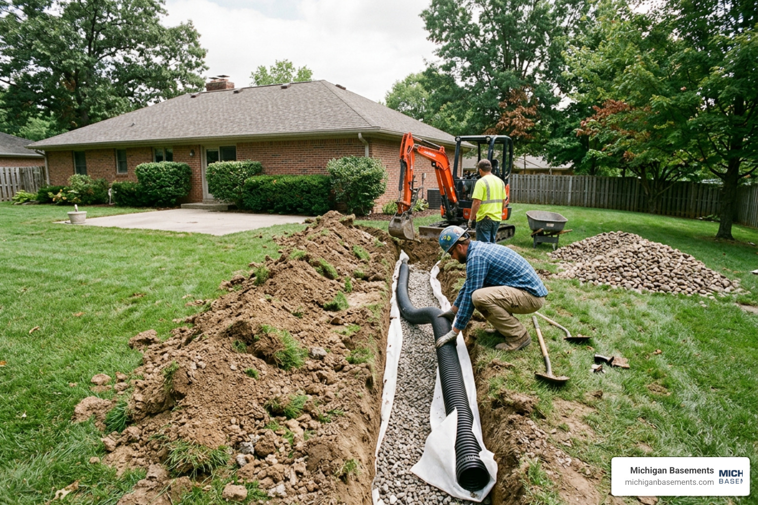 French drain installation in yard