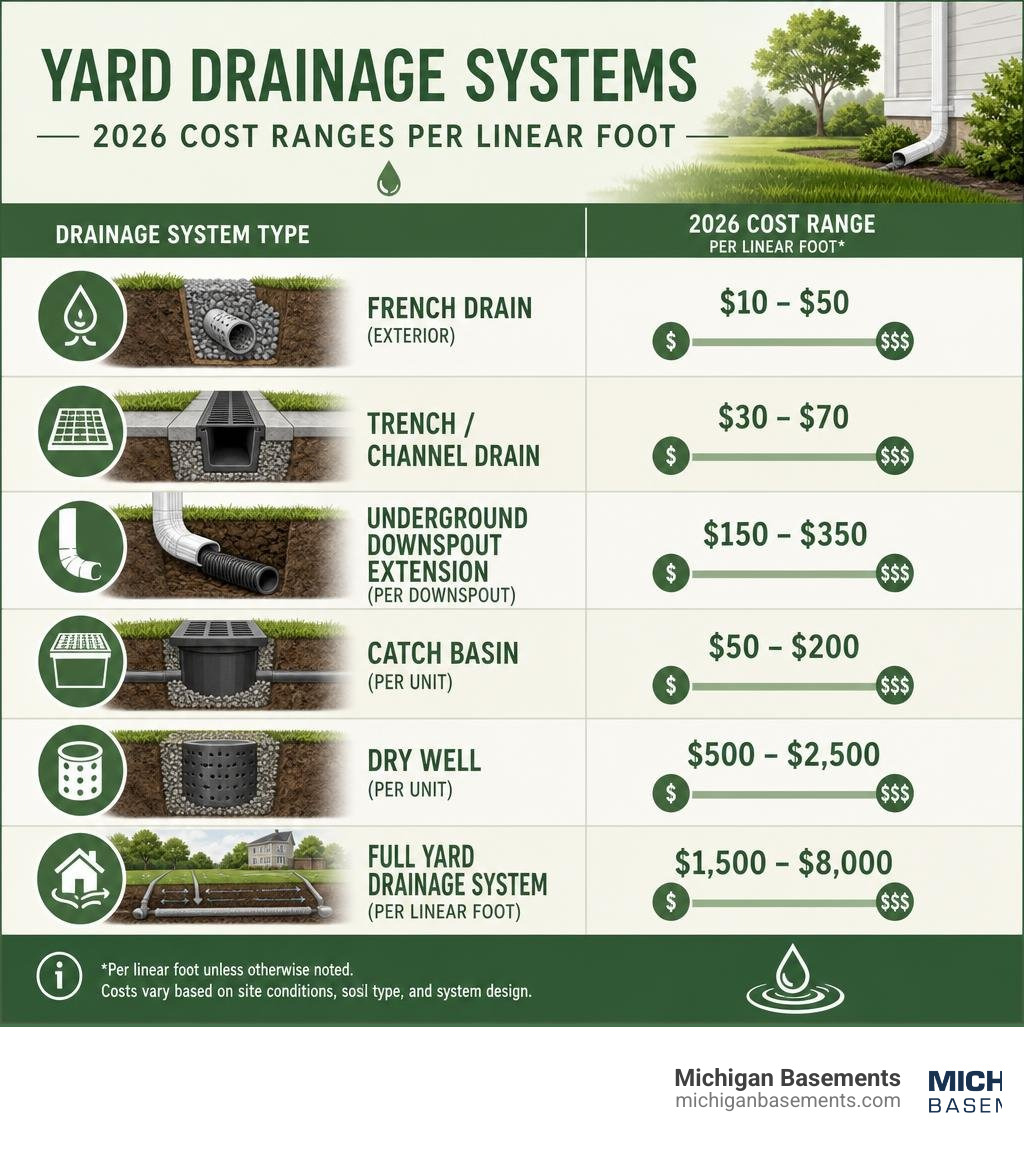 infographic showing yard drainage system types and 2026 cost ranges per linear foot infographic