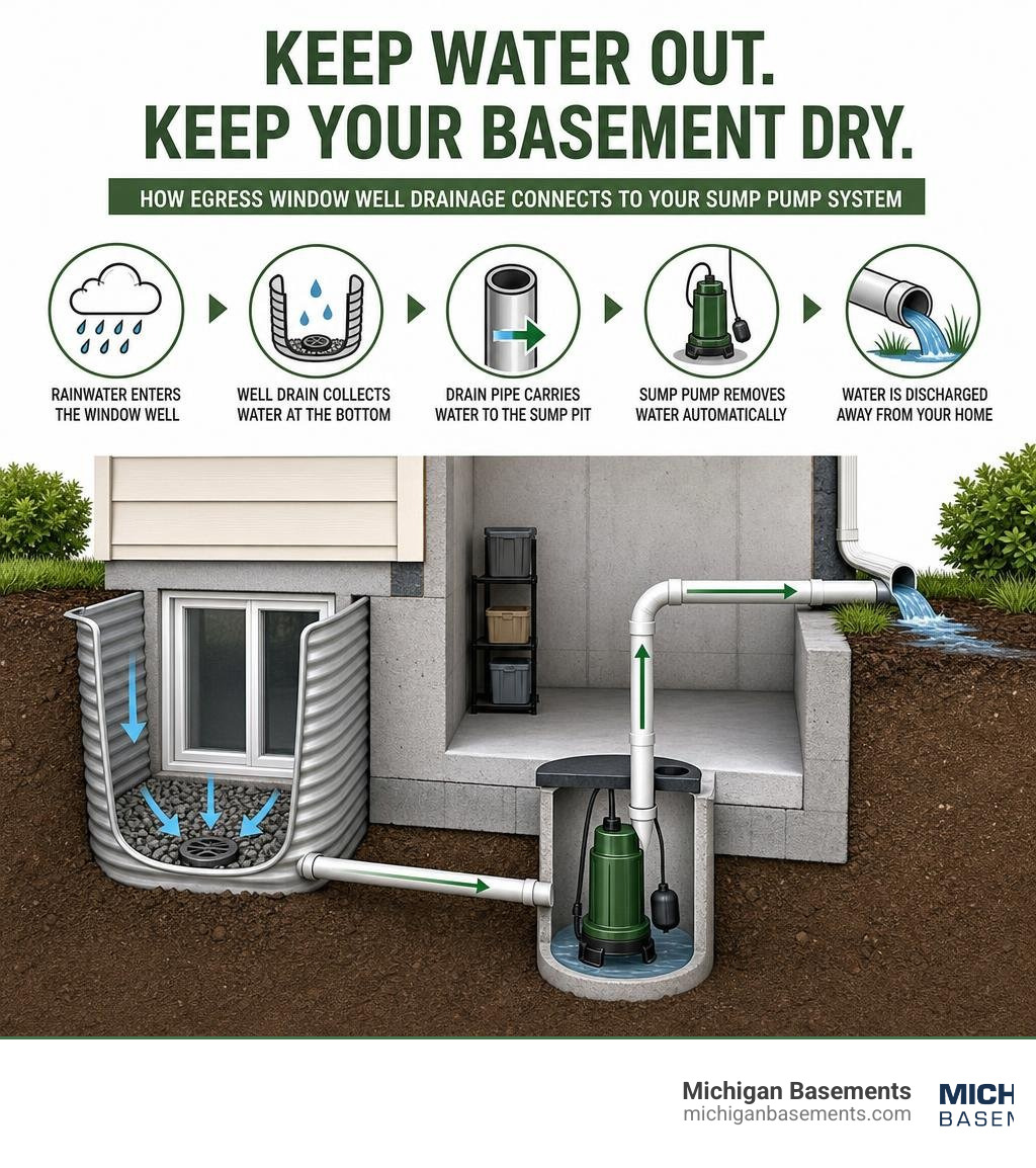 Infographic showing how egress window well drainage connects to sump pump system to prevent basement flooding infographic