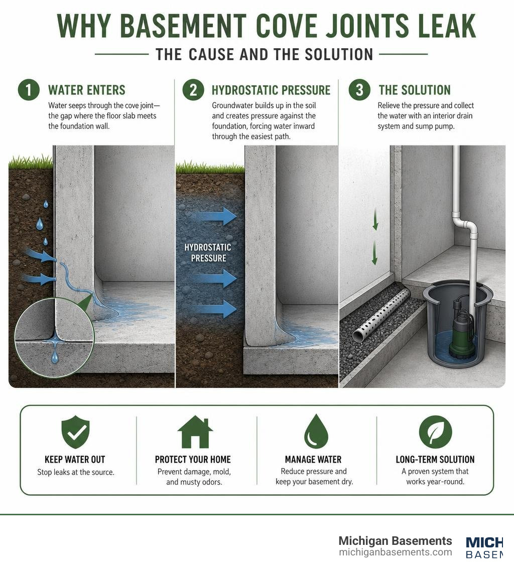 How water enters a basement through the cove joint, hydrostatic pressure, and drainage solutions infographic