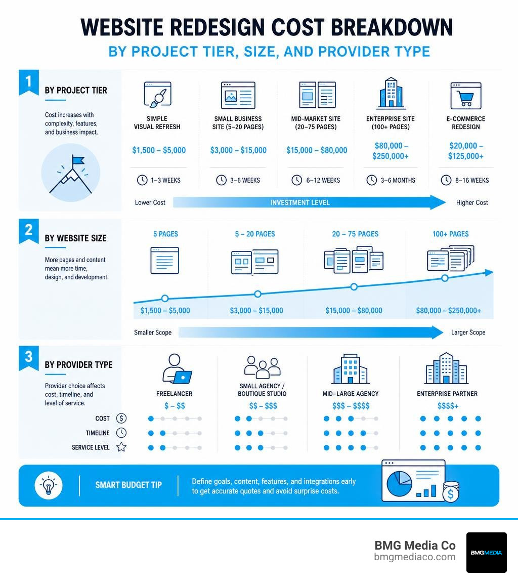 Website redesign cost breakdown by project tier, size, and provider type infographic infographic