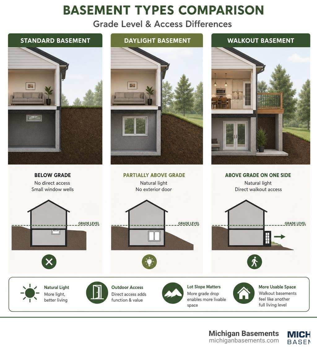 Infographic comparing standard, daylight, and walkout basement types with grade level and access differences infographic