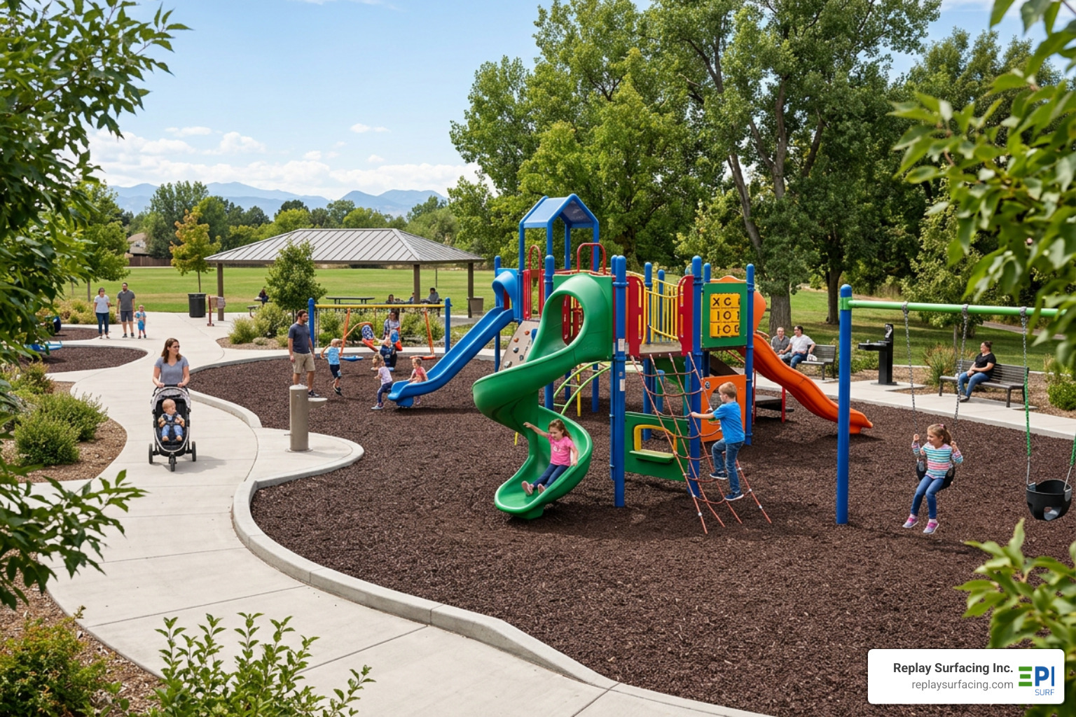 A professionally installed, certified rubber mulch playground in a community park A professionally installed, certified rubber mulch playground in a community park