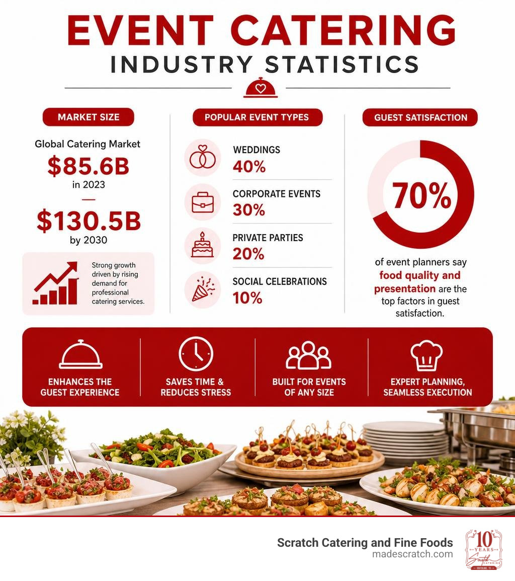 Event catering industry statistics infographic showing market size, event types, and guest satisfaction data infographic Event catering industry statistics infographic showing market size, event types, and guest satisfaction data infographic