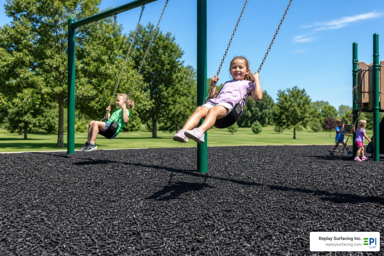 High-quality certified playground mulch providing a soft landing zone under swings High-quality certified playground mulch providing a soft landing zone under swings