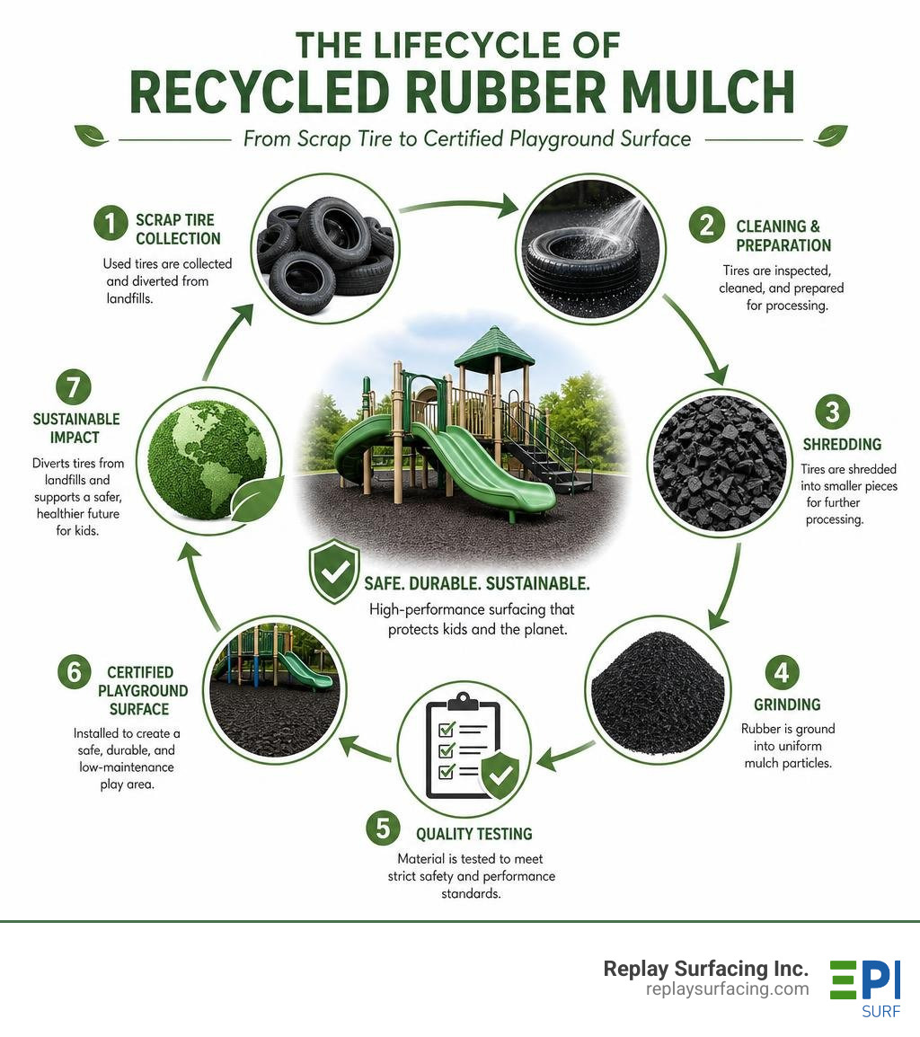 Lifecycle of recycled rubber mulch from scrap tire to certified playground surface infographic infographic Lifecycle of recycled rubber mulch from scrap tire to certified playground surface infographic infographic
