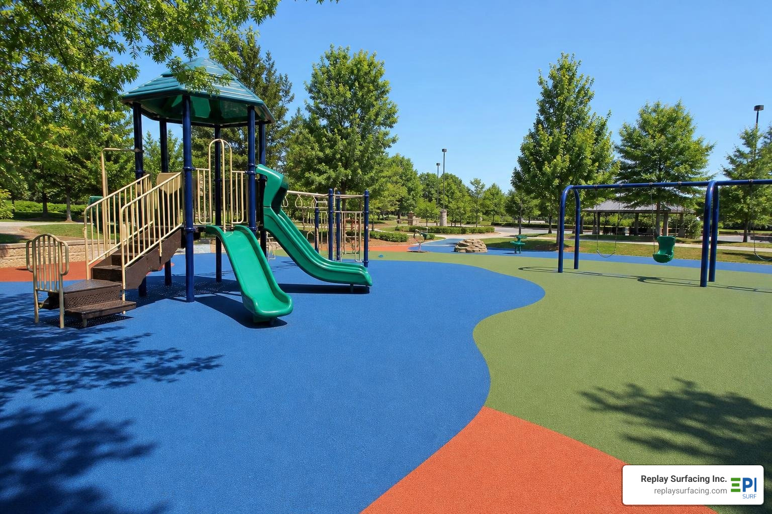 high-quality rubber safety surfacing installed in a sunny Raleigh park