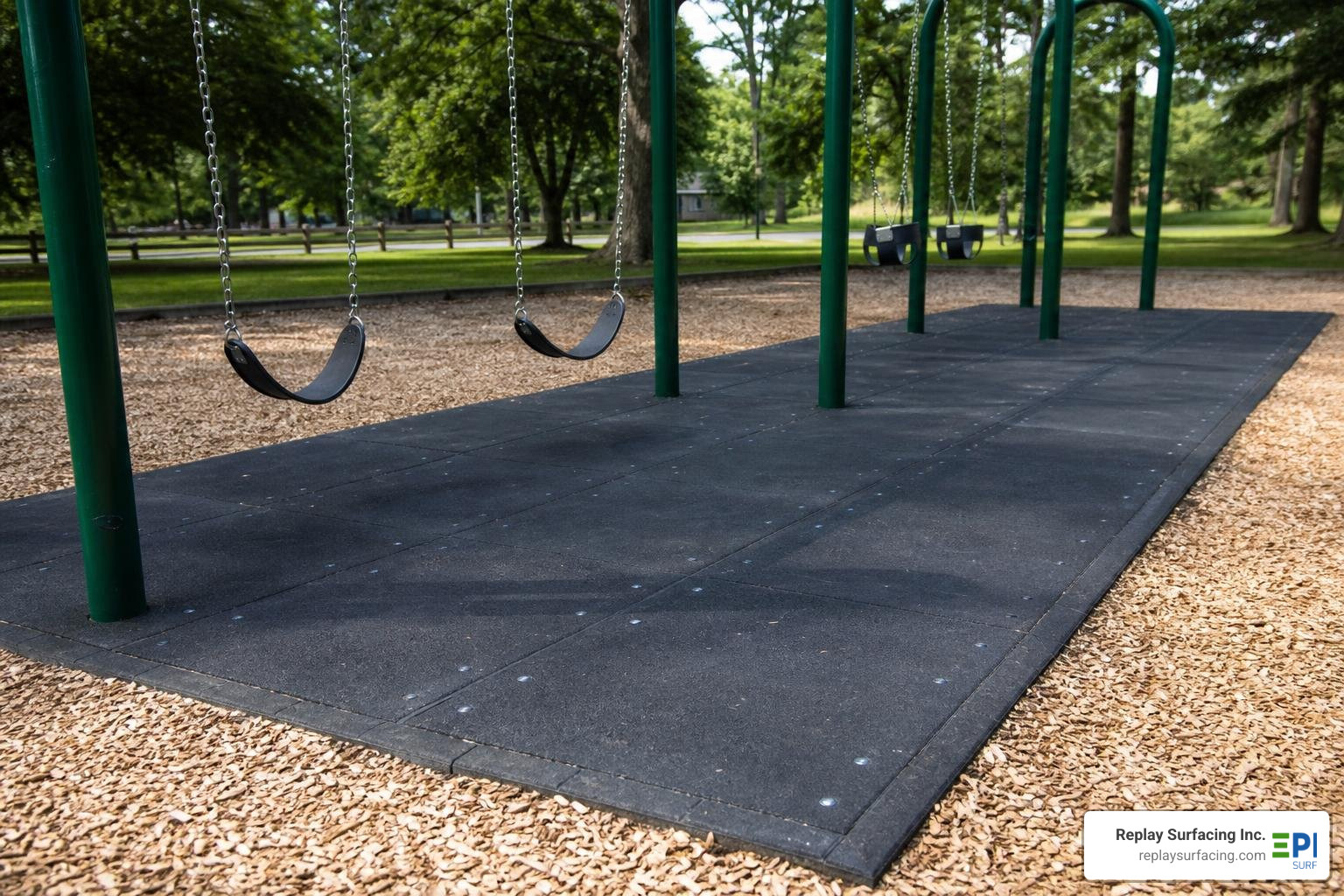 heavy-duty rubber ground protection wear pads installed under swings in Sanford