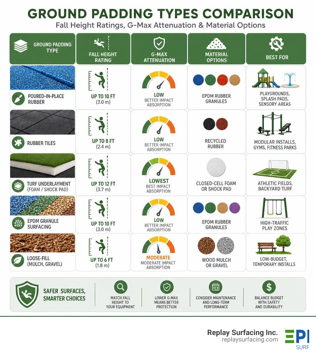 Ground padding types comparison: fall height ratings, G-Max attenuation, and material options infographic
