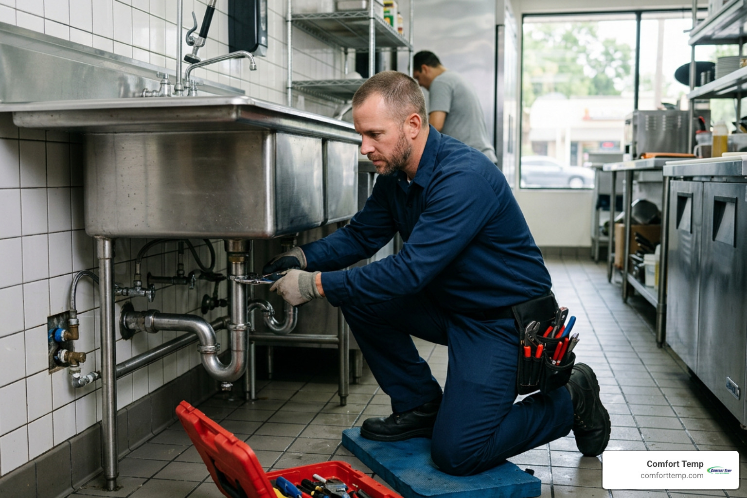 professional plumber in a blue uniform with no logos repairing a commercial sink in Jacksonville professional plumber in a blue uniform with no logos repairing a commercial sink in Jacksonville