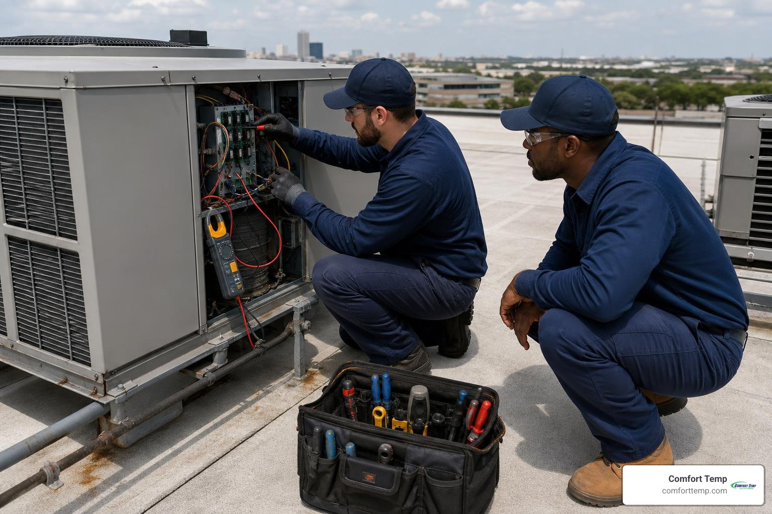 Professional HVAC technicians in blue uniforms working on a commercial AC unit Professional HVAC technicians in blue uniforms working on a commercial AC unit