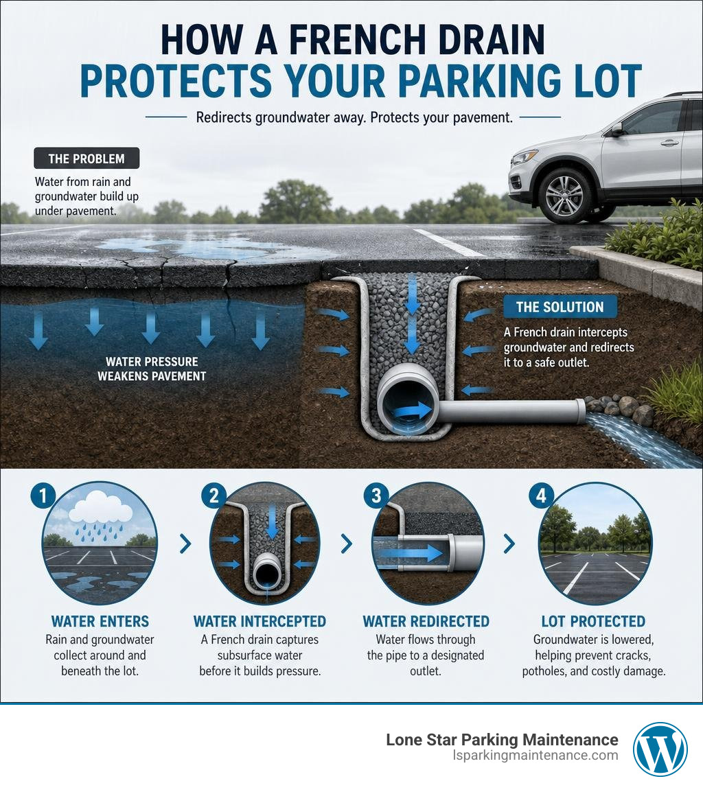 Infographic showing how a French drain redirects groundwater away from a parking lot infographic Infographic showing how a French drain redirects groundwater away from a parking lot infographic