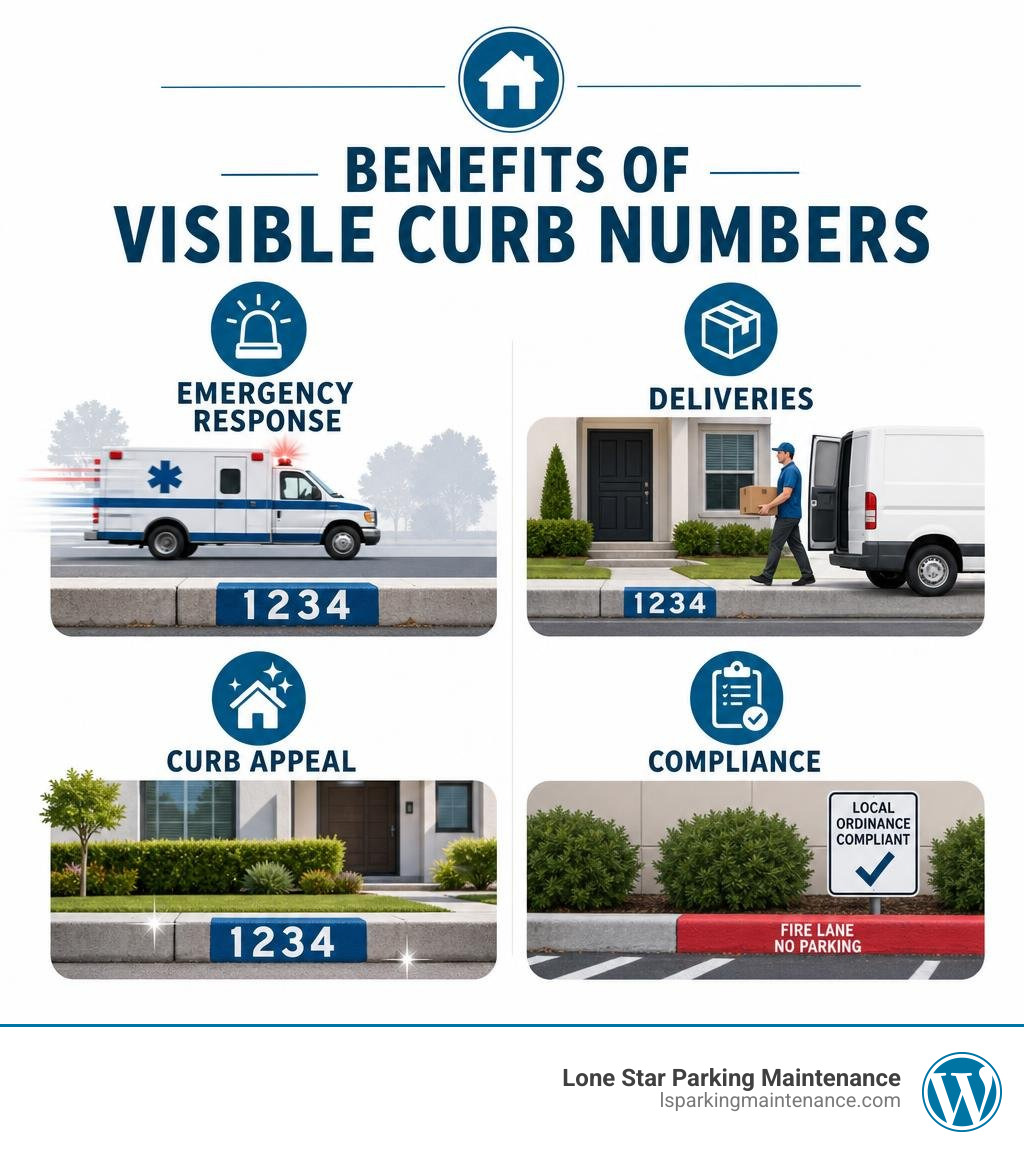 Benefits of visible curb numbers: emergency response, deliveries, curb appeal, compliance infographic Benefits of visible curb numbers: emergency response, deliveries, curb appeal, compliance infographic