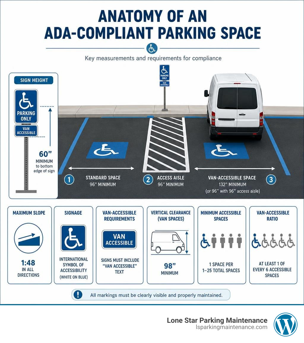 Infographic showing anatomy of ADA-compliant parking space including sign height, space width, access aisle, slope, and Infographic showing anatomy of ADA-compliant parking space including sign height, space width, access aisle, slope, and