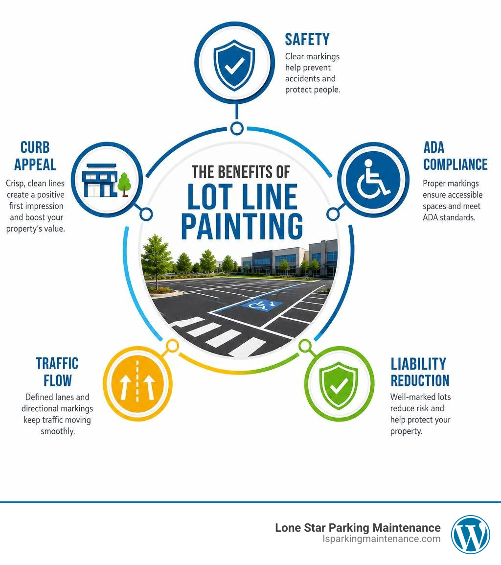 Infographic showing benefits of lot line painting: safety, ADA compliance, curb appeal, traffic flow, liability reduction