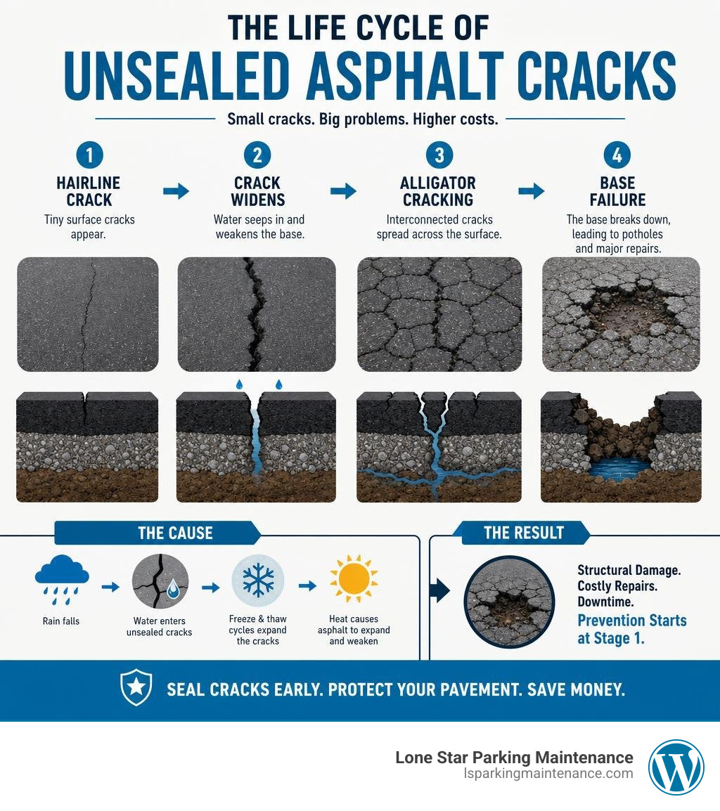 Infographic showing the lifecycle of unsealed asphalt cracks from hairline to alligator cracking to base failure infographic Infographic showing the lifecycle of unsealed asphalt cracks from hairline to alligator cracking to base failure infographic