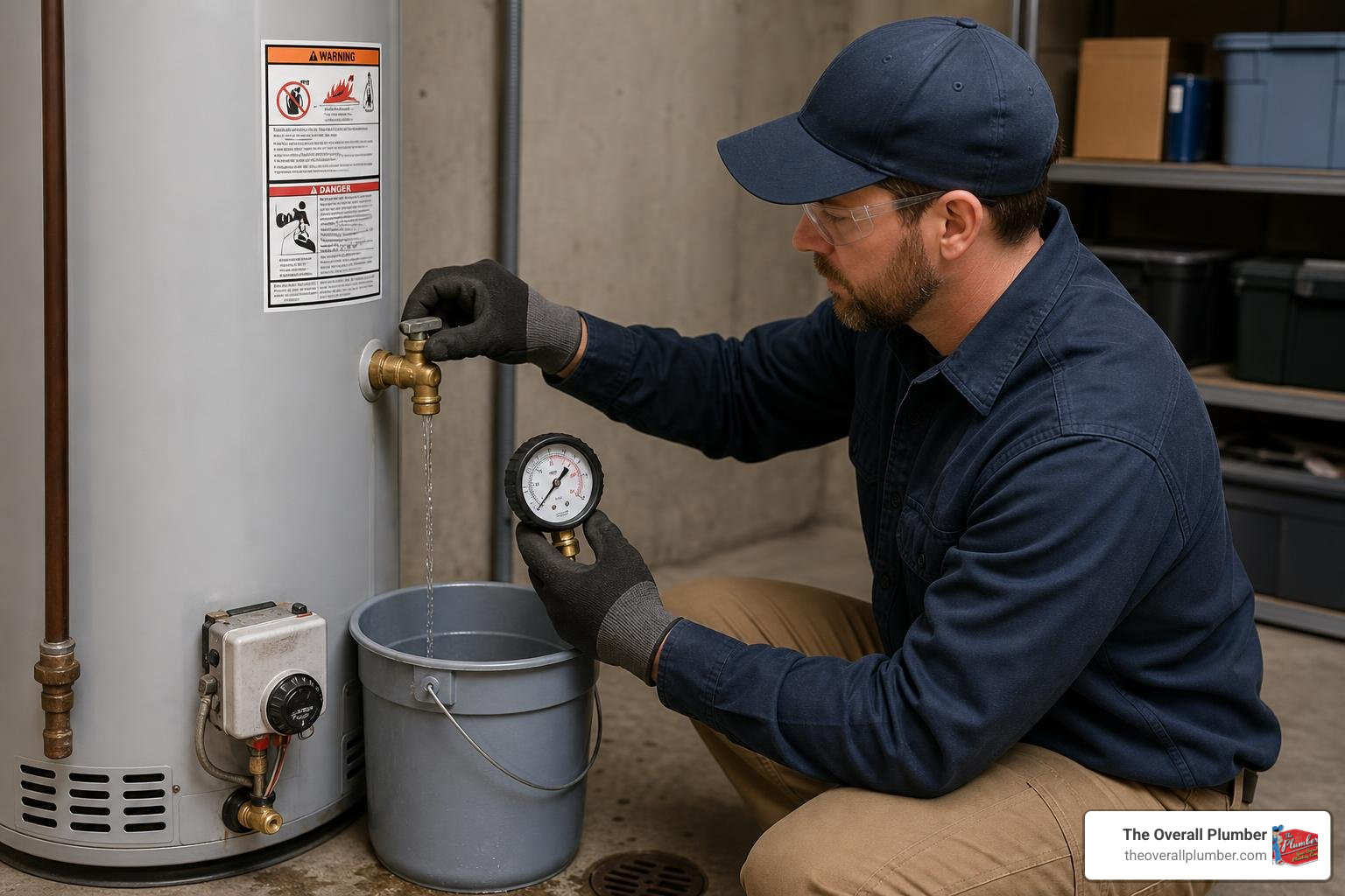 Technician testing a water heater temperature and pressure relief valve