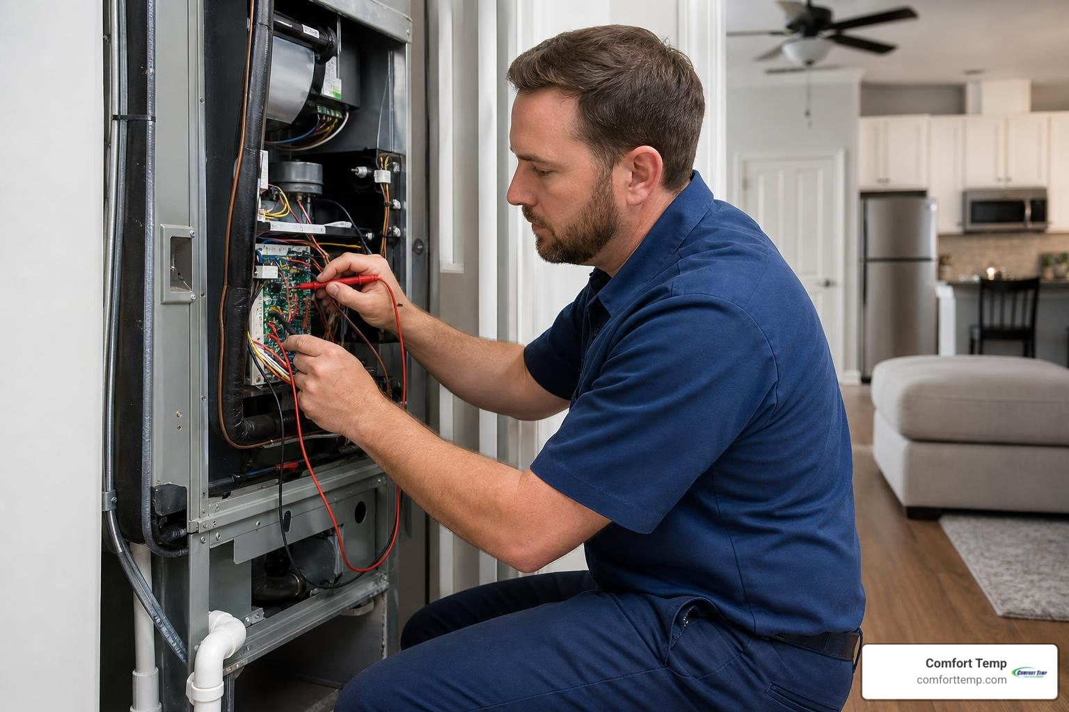 Comfort Temp technician in a plain blue uniform servicing residential HVAC in Gainesville Comfort Temp technician in a plain blue uniform servicing residential HVAC in Gainesville