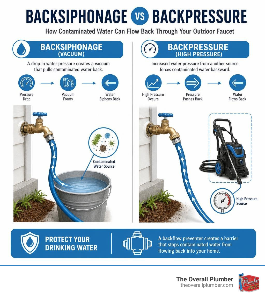 Infographic showing backsiphonage vs backpressure backflow through an outdoor faucet hose bib infographic Infographic showing backsiphonage vs backpressure backflow through an outdoor faucet hose bib infographic
